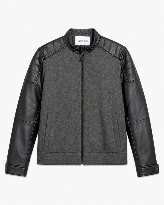 Black Leather Sleeve Charcoal Wool Jacket