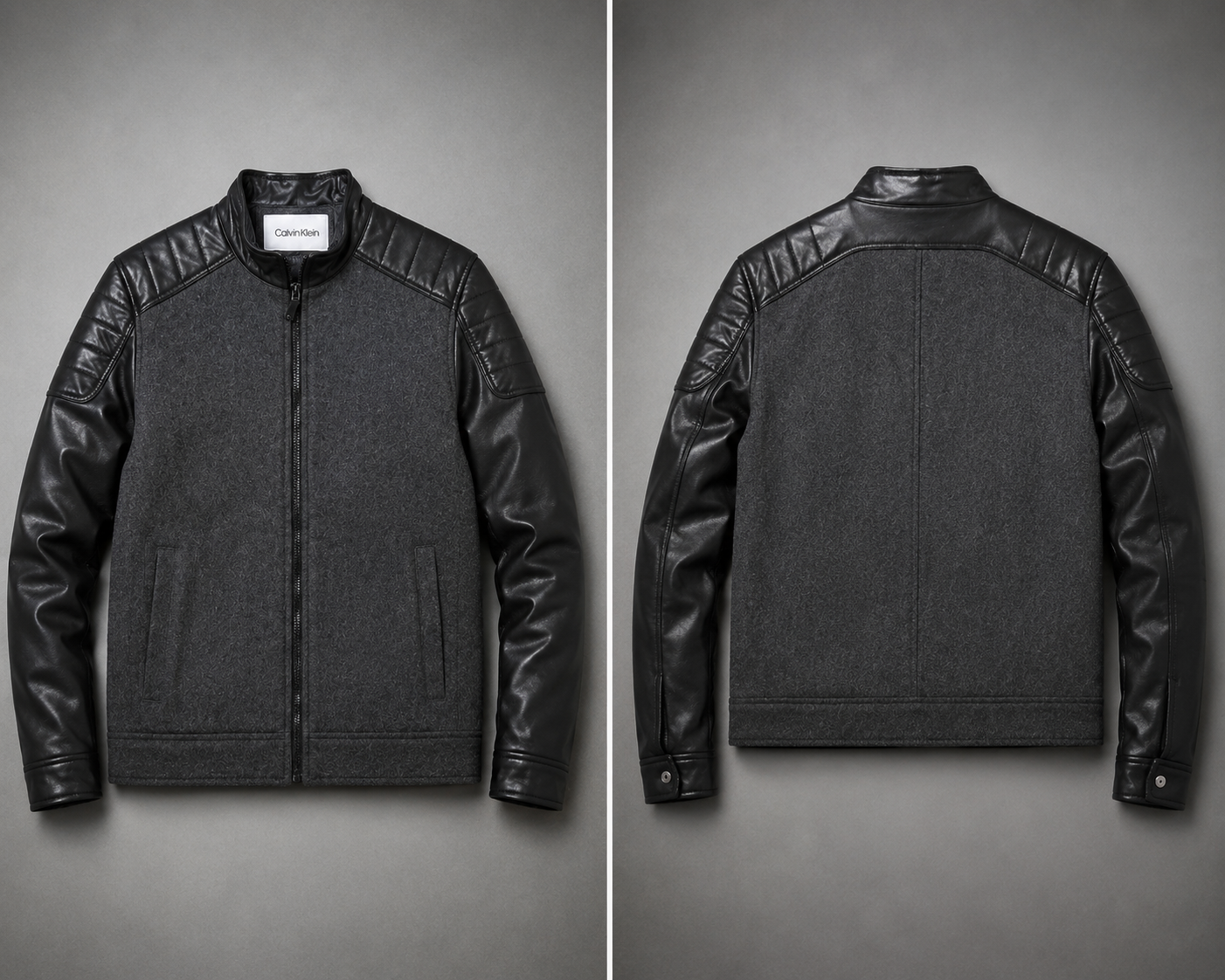 Black Leather Sleeve Charcoal Wool Jacket