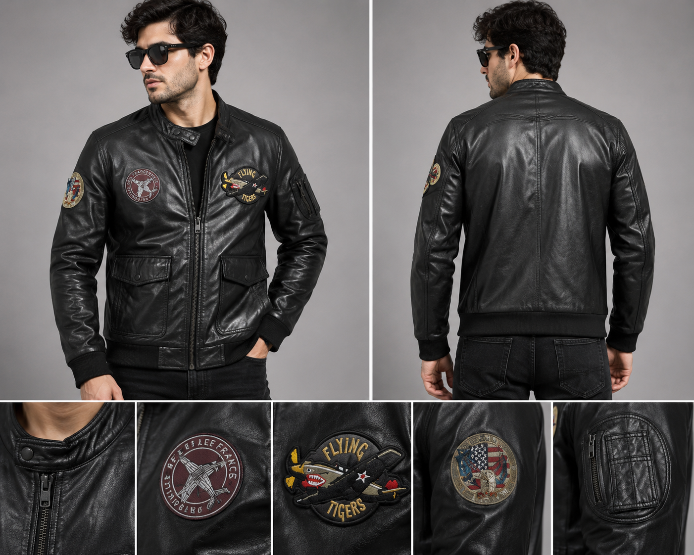 Vintage Black Aviation Patch Leather Jacket – Men’s Utility Biker Style