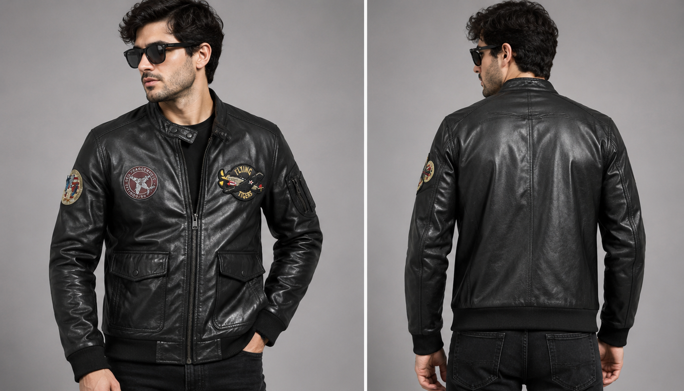 Vintage Black Aviation Patch Leather Jacket – Men’s Utility Biker Style