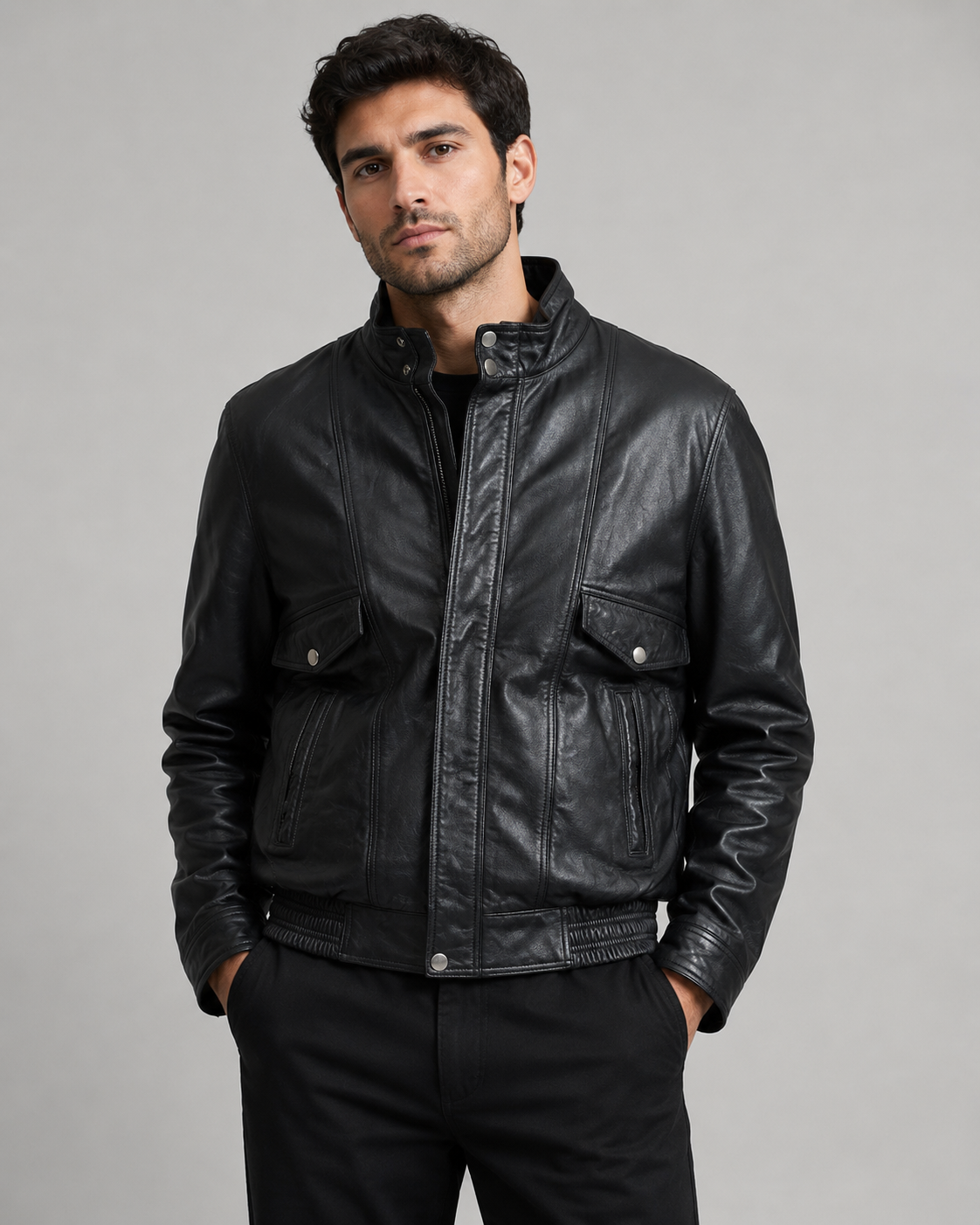 Utility Leather Jacket – Multi-Pocket High Neck Biker Style