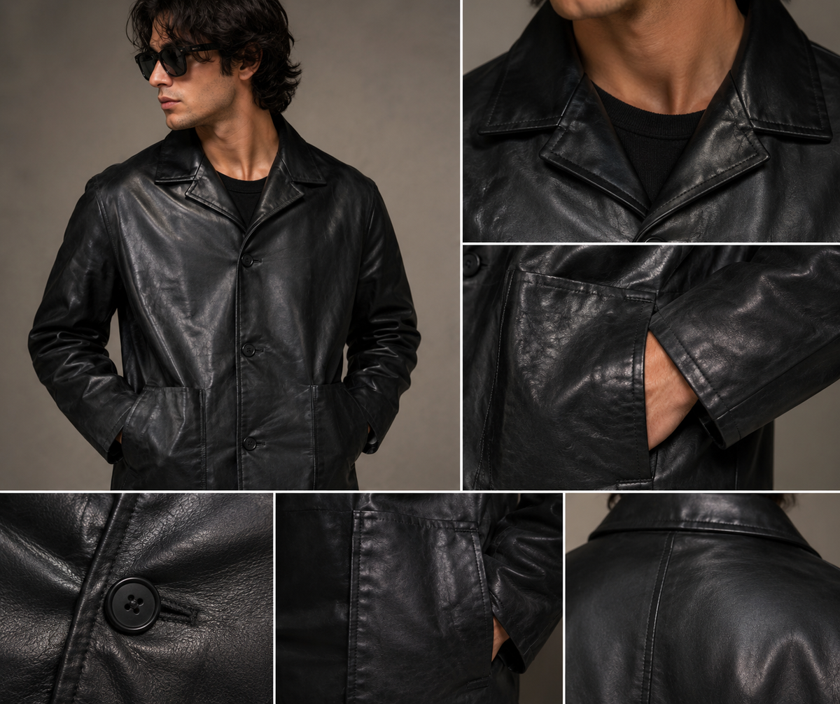 Men’s Black Leather Blazer Jacket – Classic 3-Button Formal Style