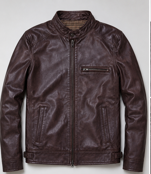 Men’s Burgundy Leather Jacket – Classic Zip-Up Smart Casual Style