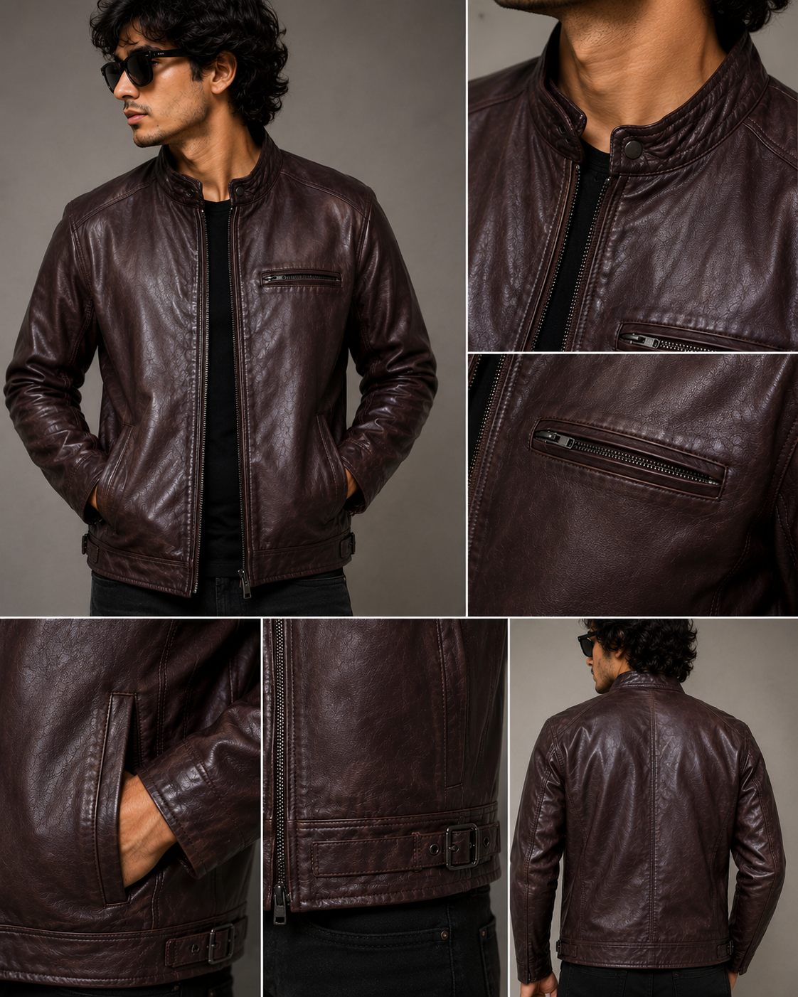 Men’s Burgundy Leather Jacket – Classic Zip-Up Smart Casual Style