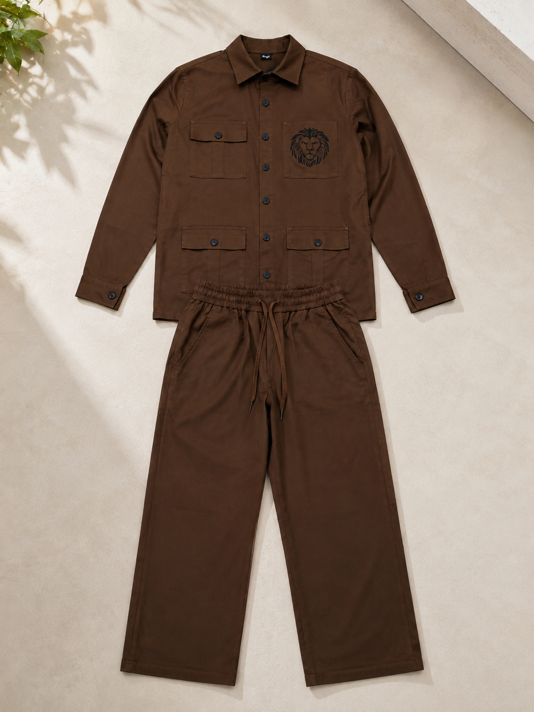 Utility LINEN Co-ord Set – Lion Emblem Overshirt & Wide-Leg Pants