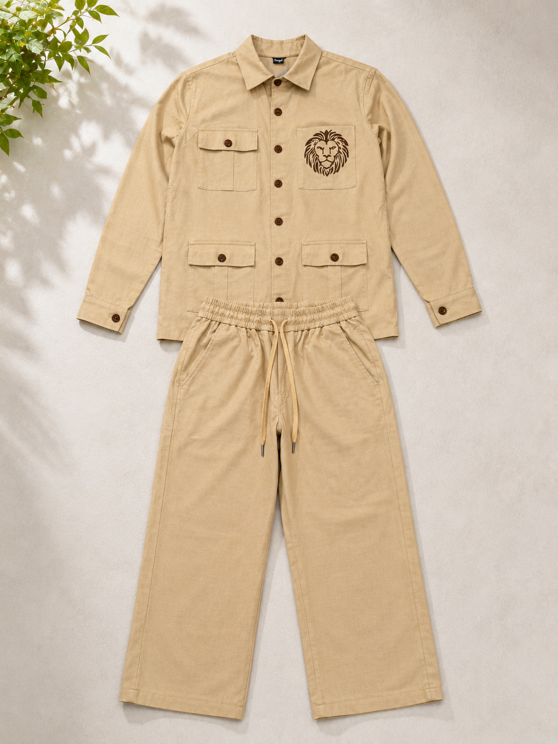 Utility LINEN Co-ord Set – Lion Emblem Overshirt & Wide-Leg Pants