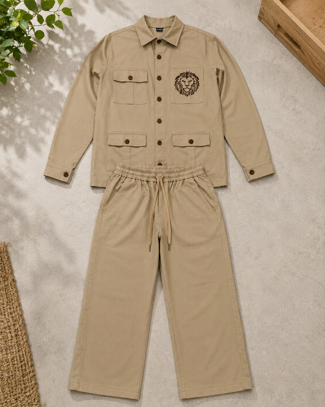 Utility LINEN Co-ord Set – Lion Emblem Overshirt & Wide-Leg Pants