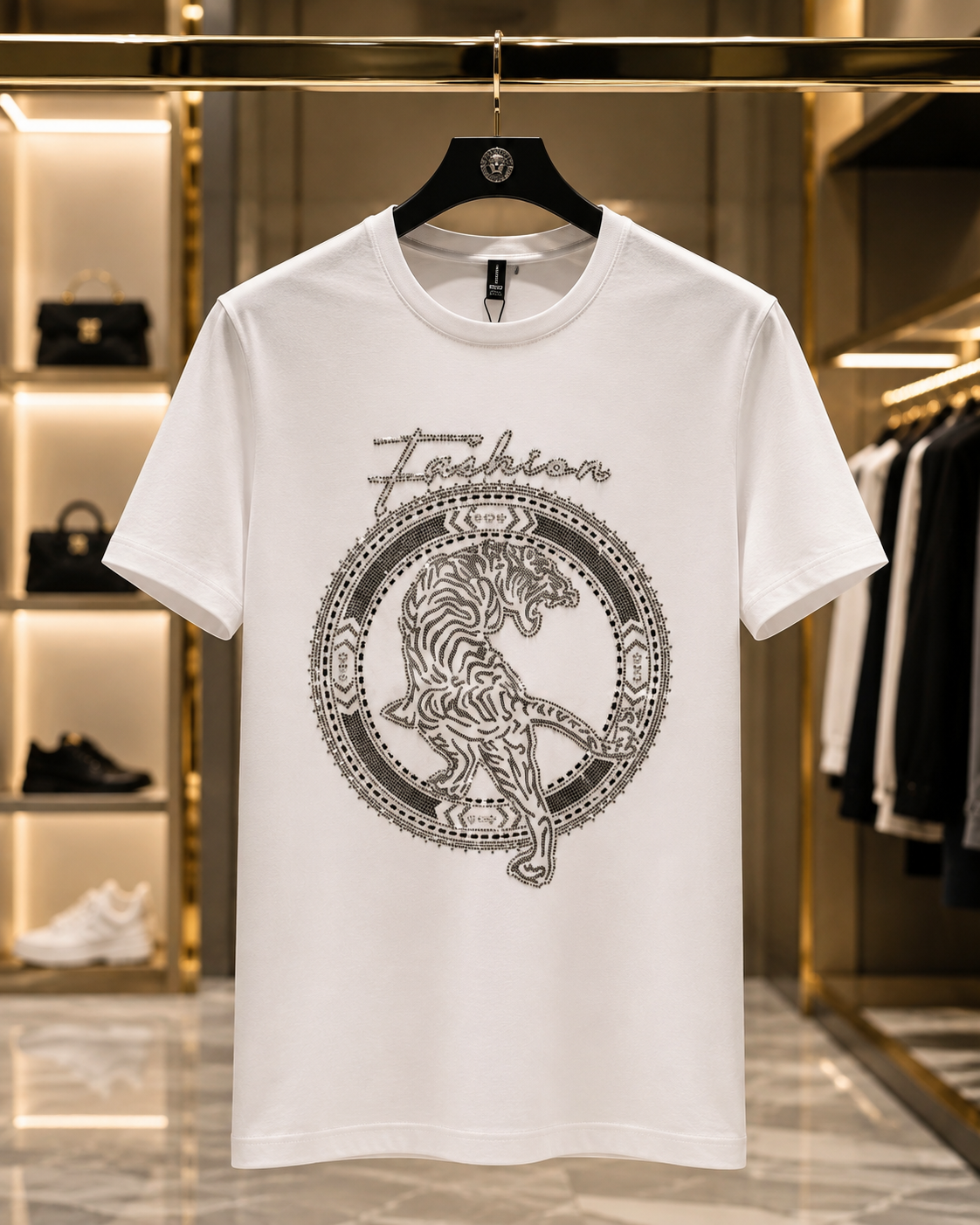 Men’s White Tiger Graphic T-Shirt – Premium Rhinestone Style Casual Tee