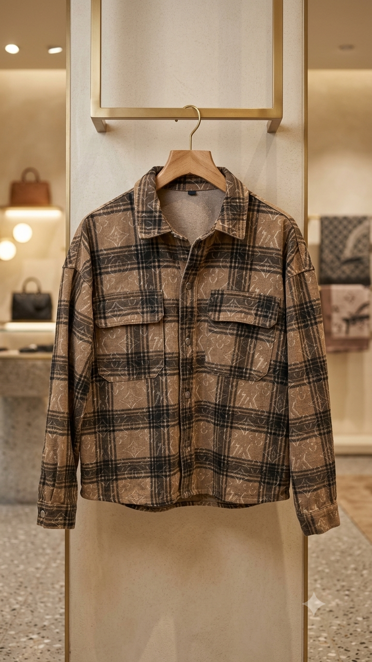 Men's Brown Plaid Monogram Printed Heavyweight Denim Shirt Jacket
