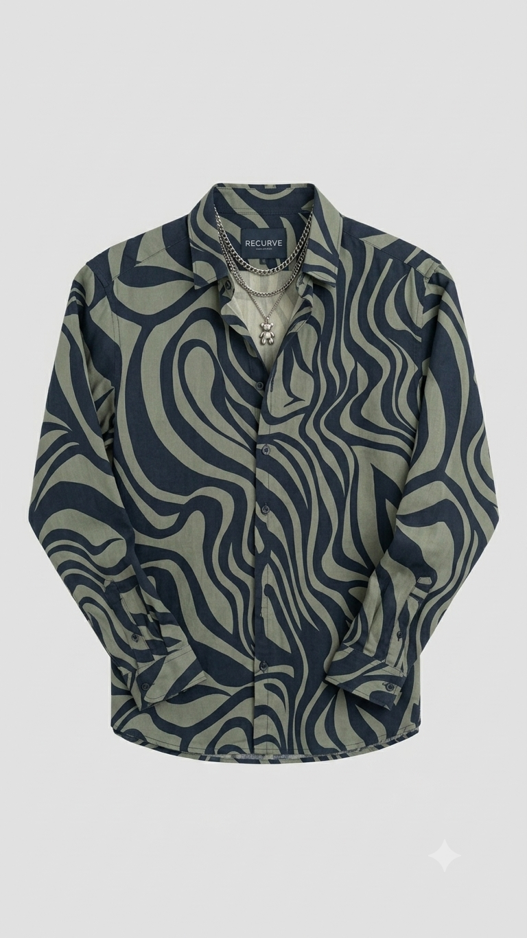 Men's Abstract Black and White Swirl Print Button-Down Shirt