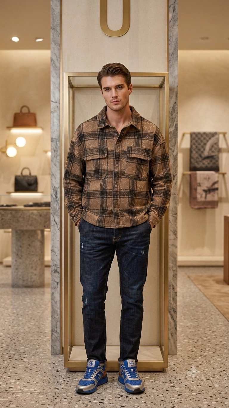 Men's Brown Plaid Monogram Printed Heavyweight Denim Shirt Jacket