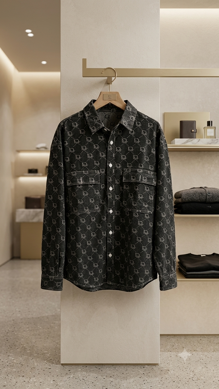 Men's Brown Plaid Monogram Printed Heavyweight Denim Shirt Jacket
