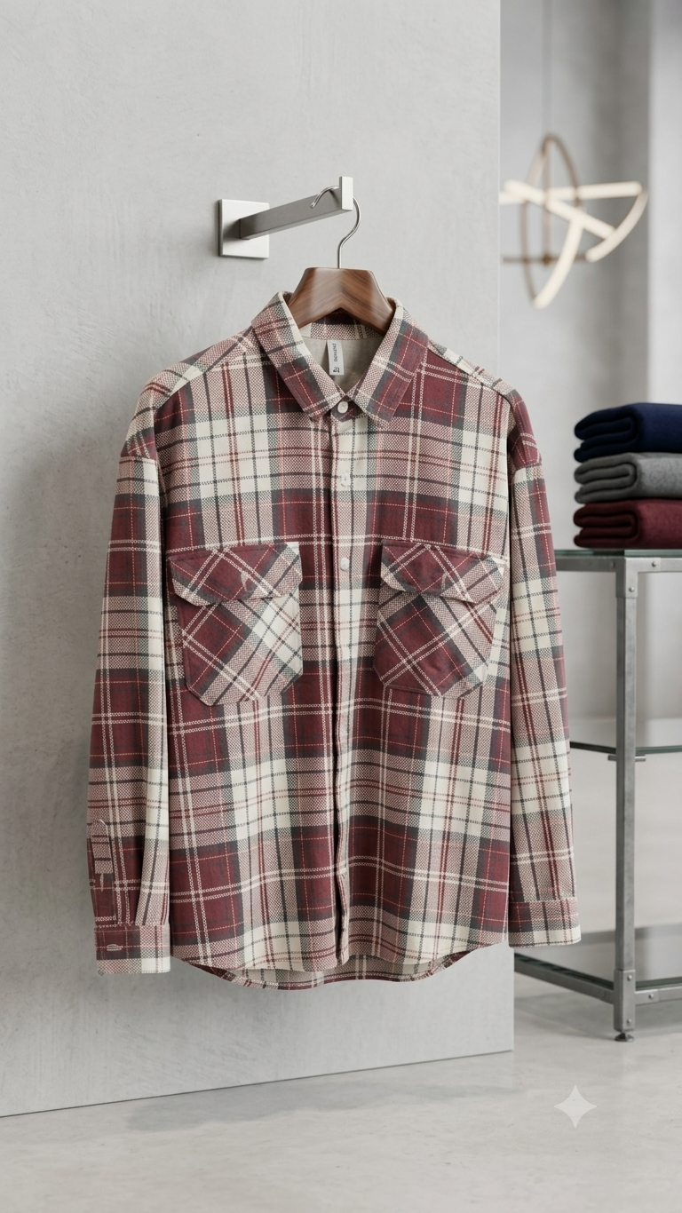 Men's Maroon & Cream Plaid Flannel Shirt