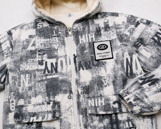 Men's Grey & White Graphic Printed Hooded Jacket | Full Zip Casual Jacket