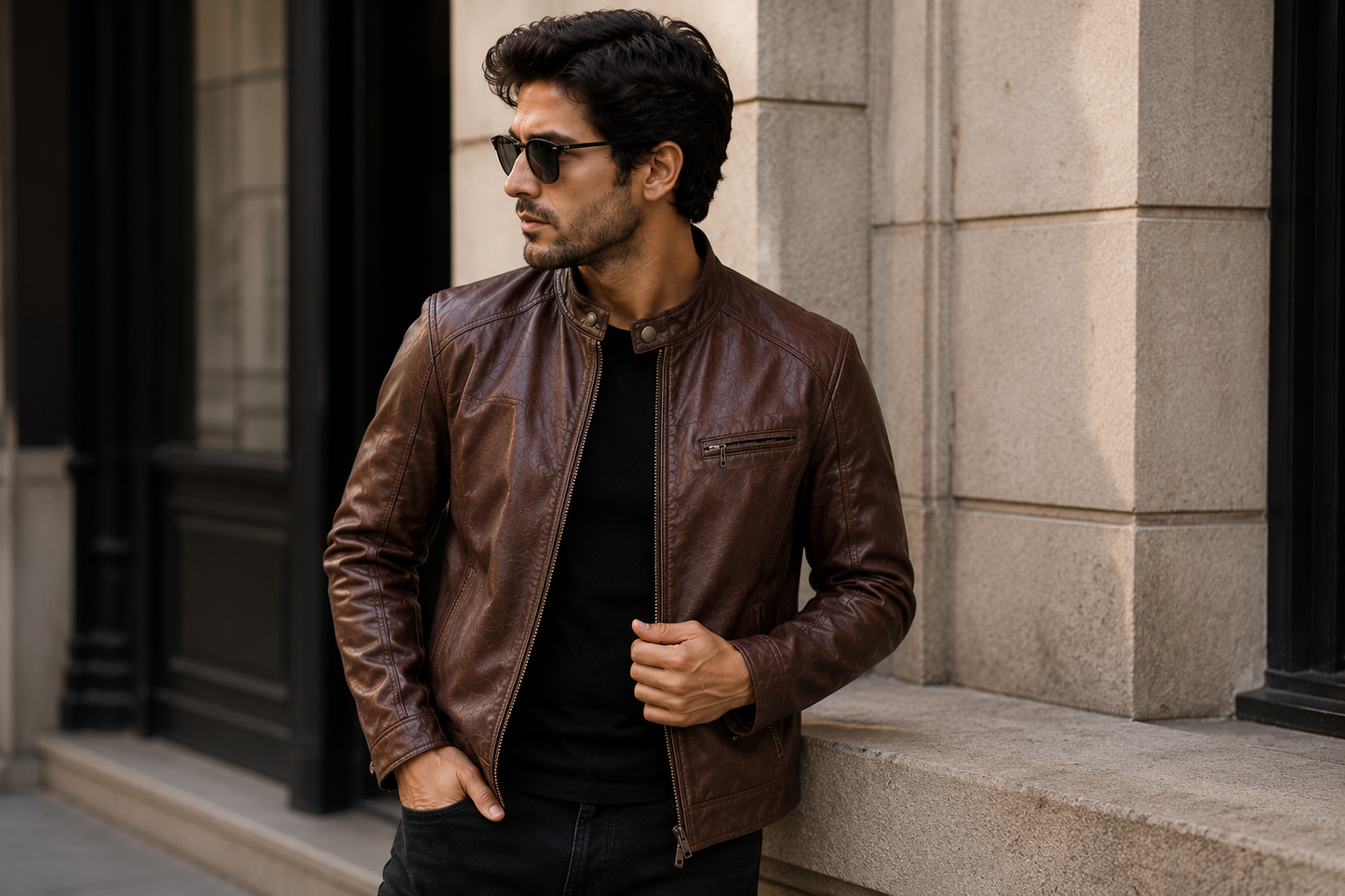 Brown Leather Stand Collar Jacket