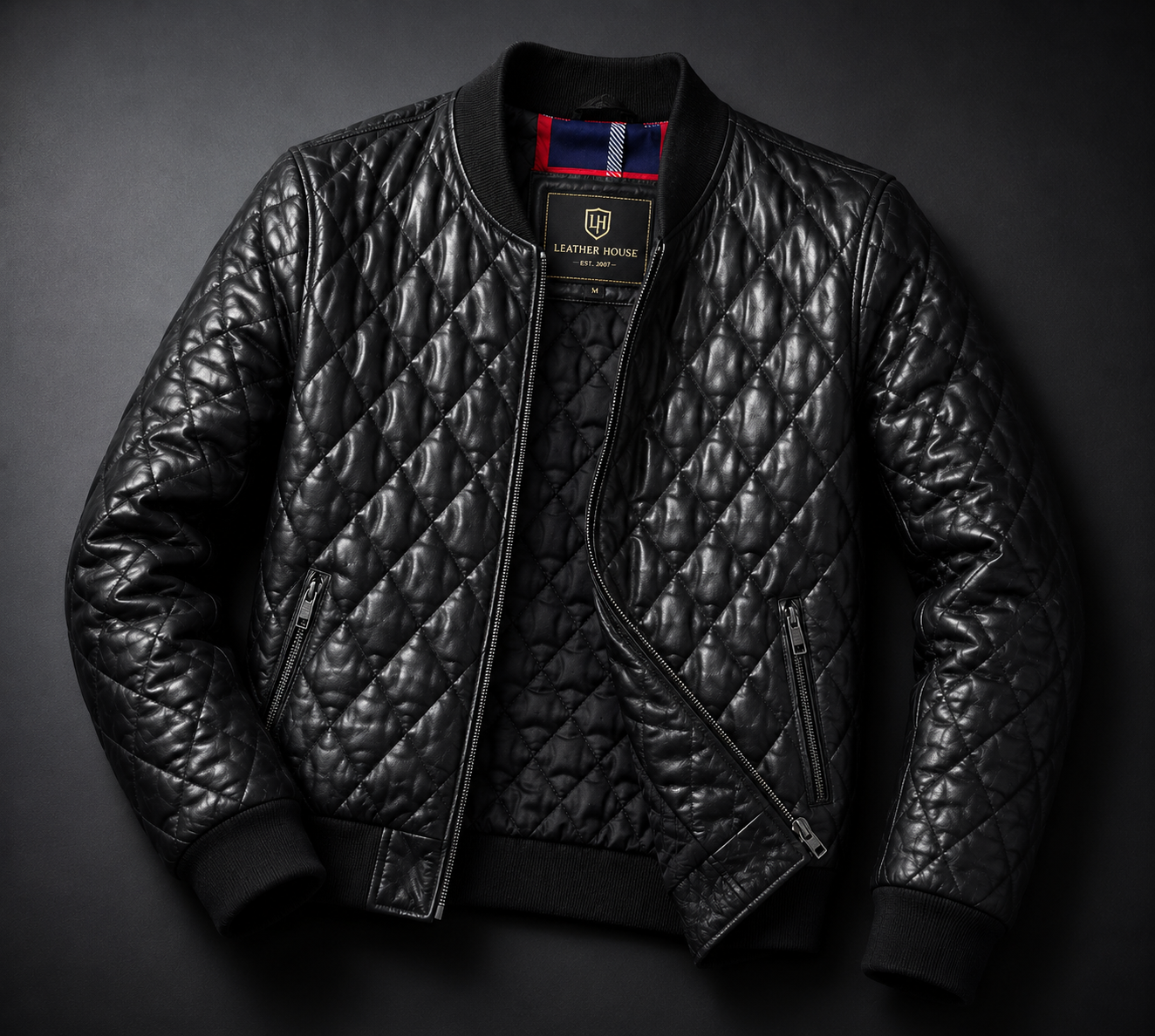 Men's Black Quilted Leather Bomber Jacket