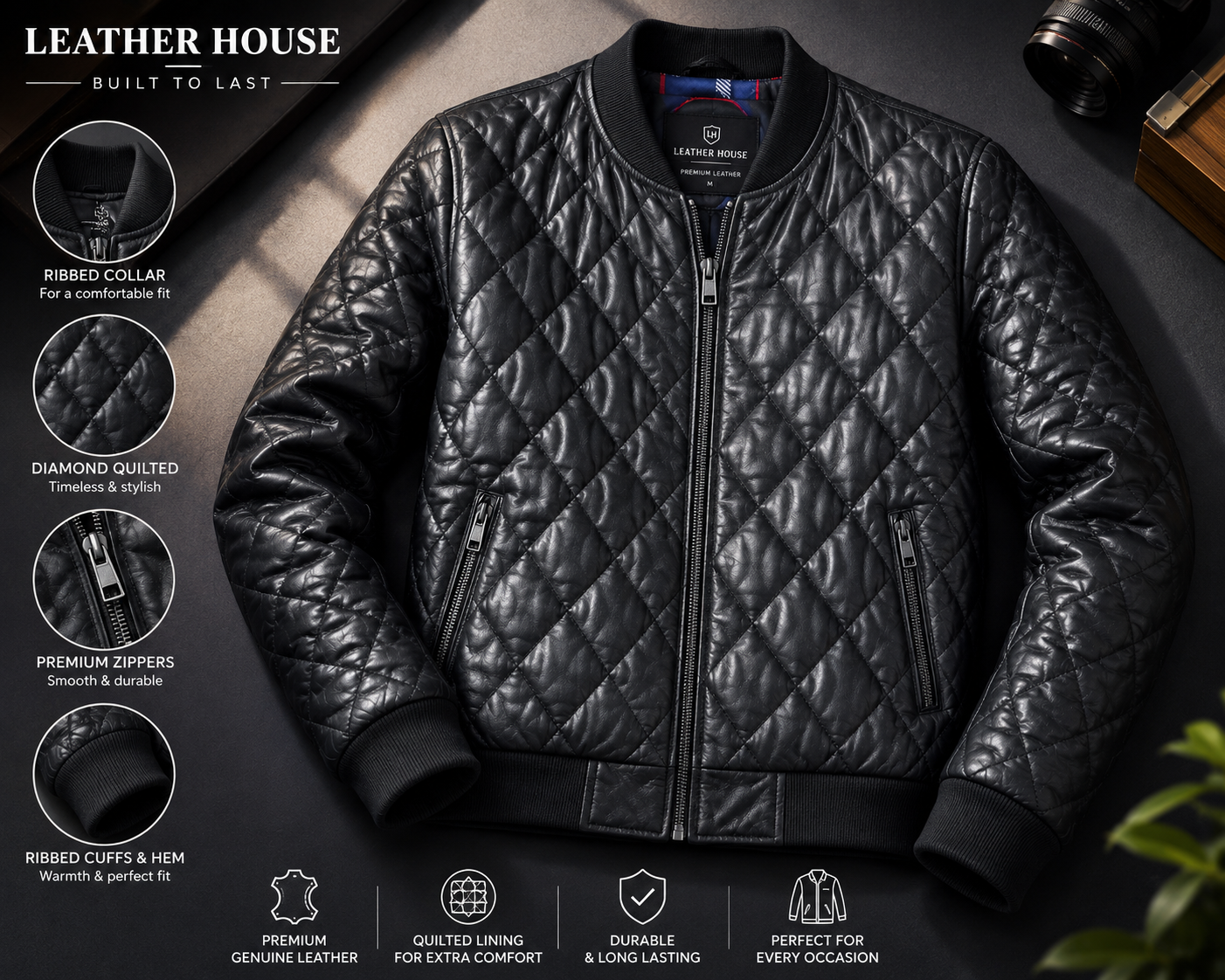 Men's Black Quilted Leather Bomber Jacket