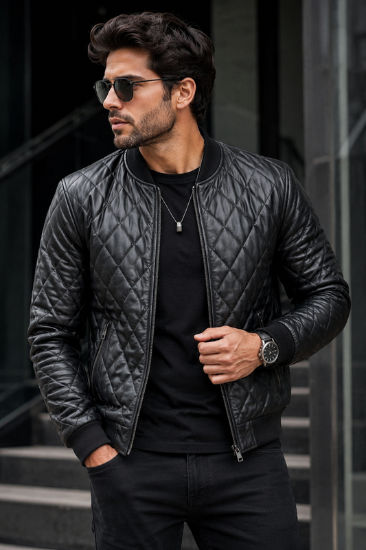 Men's Black Quilted Leather Bomber Jacket