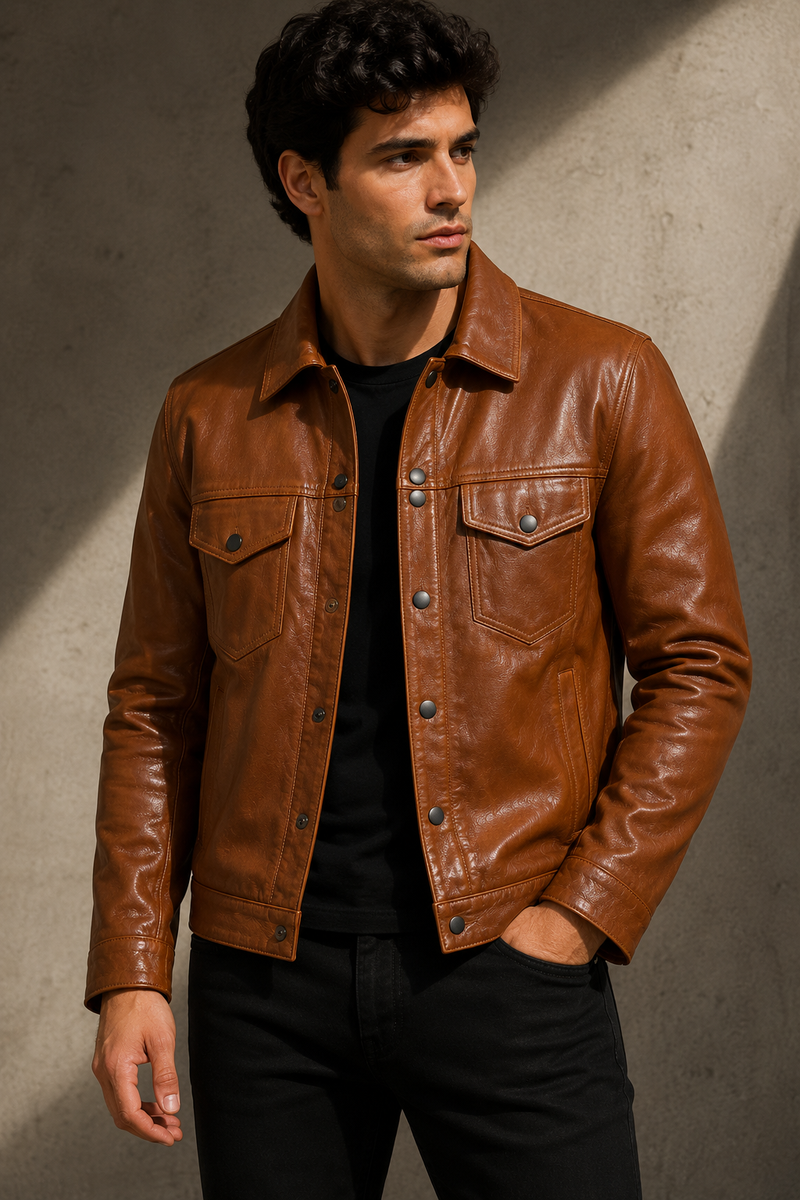 Classic Brown Leather Trucker Jacket