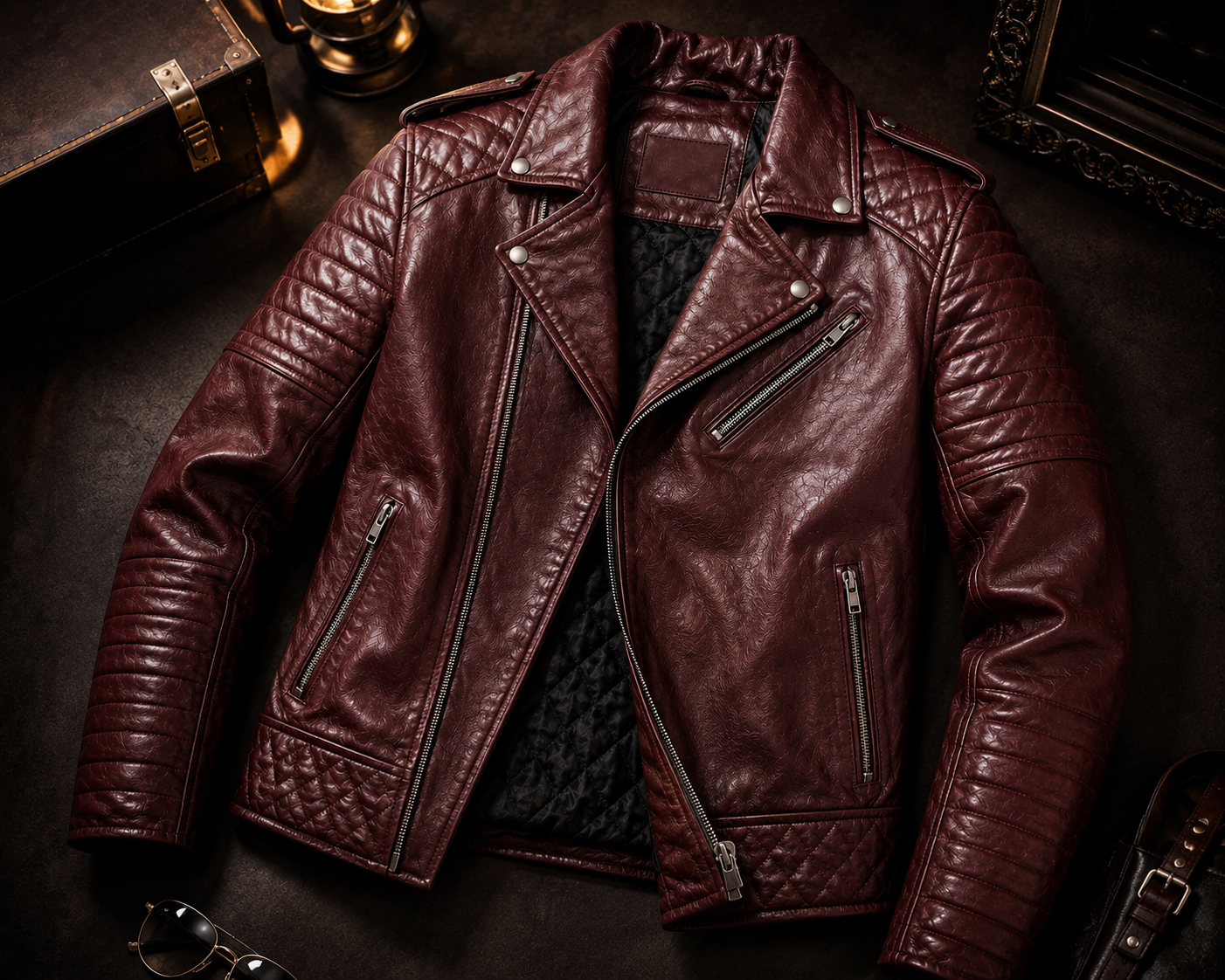 Men's Premium Burgundy Quilted Biker Leather Jacket