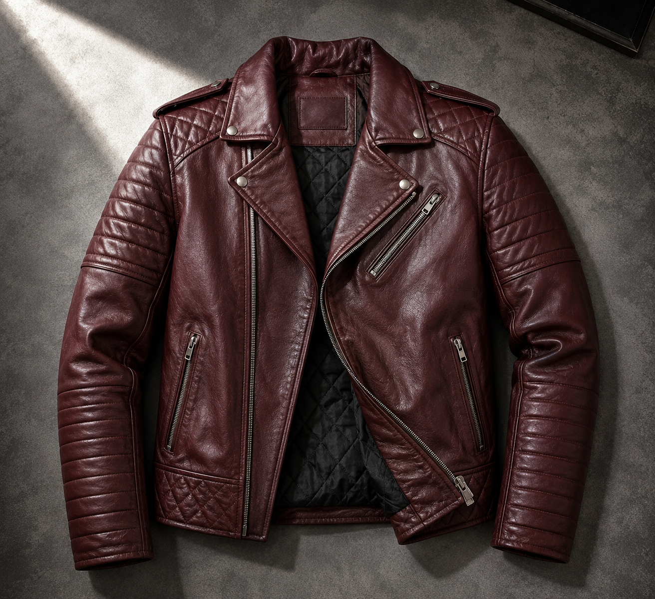 Men's Premium Burgundy Quilted Biker Leather Jacket