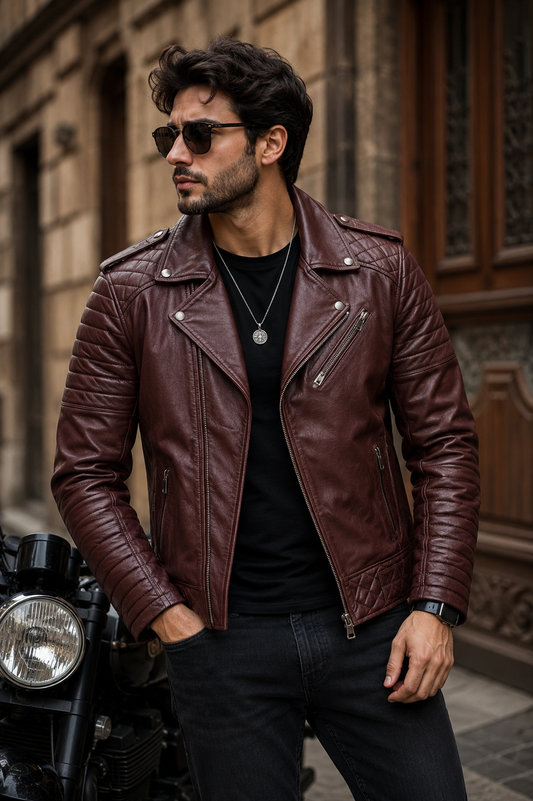 Men's Premium Burgundy Quilted Biker Leather Jacket
