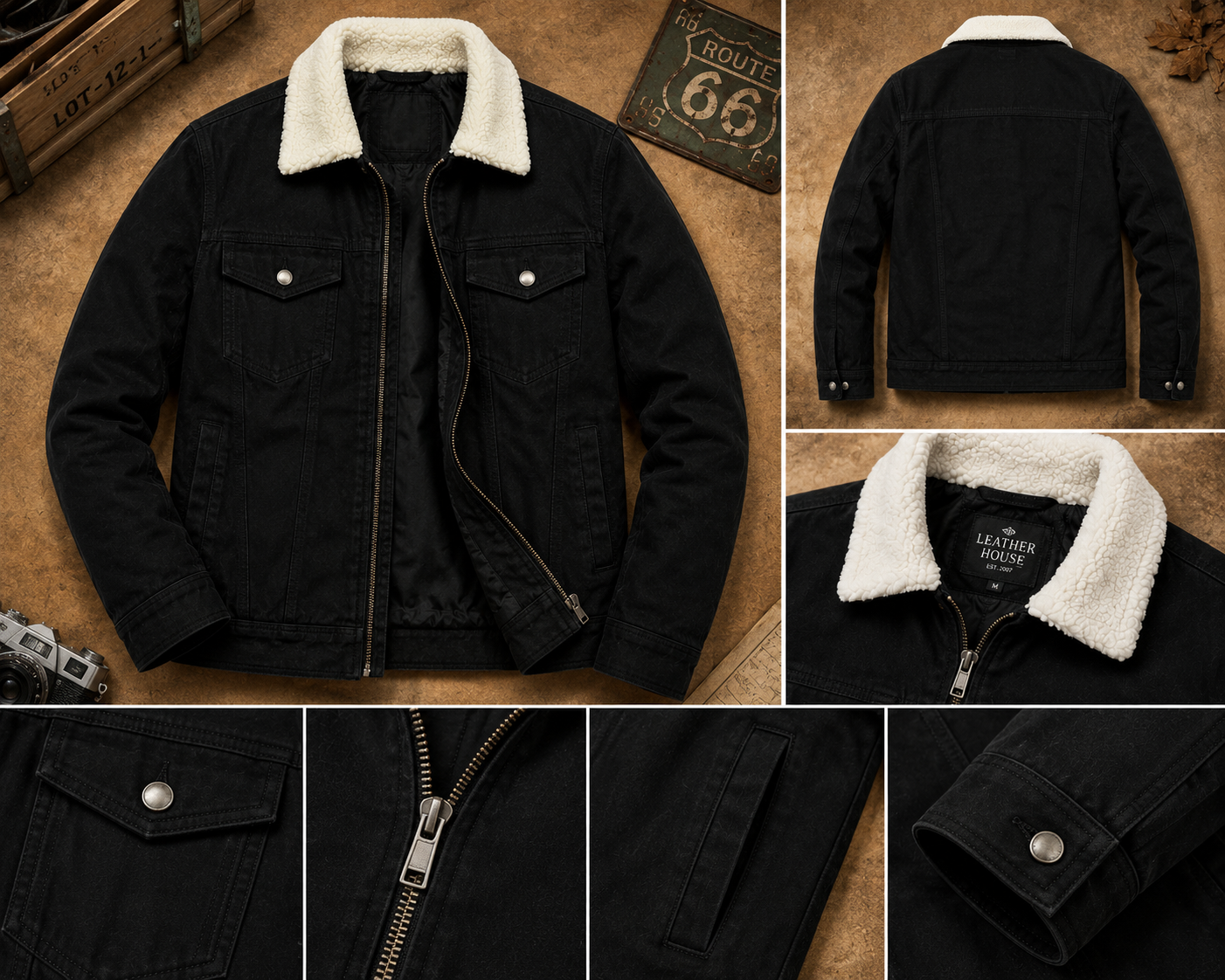 Men's Black Sherpa Collar Trucker Jacket