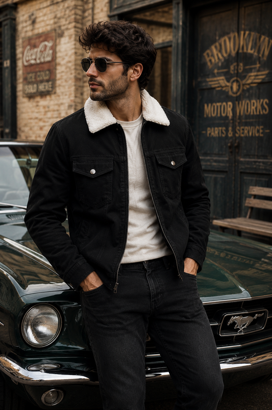 Men's Black Sherpa Collar Trucker Jacket
