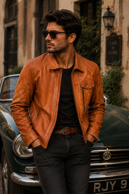 Men's Vintage Tan Perforated Leather Jacket