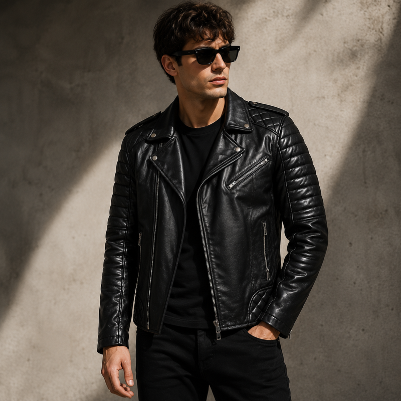 Black leather biker jacket