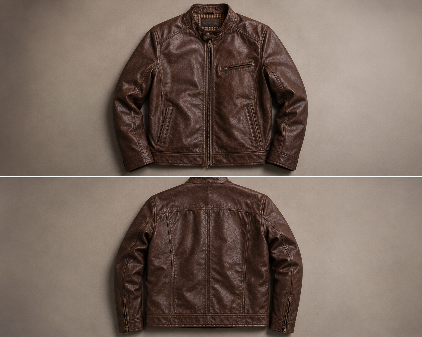 Brown Leather Stand Collar Jacket