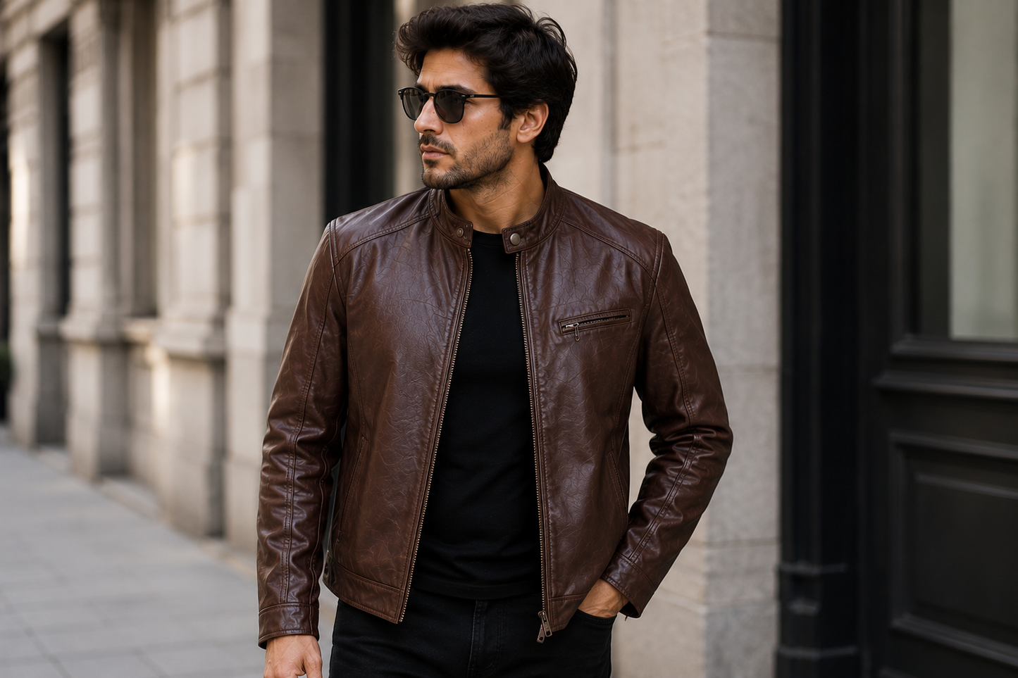 Brown Leather Stand Collar Jacket