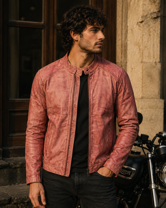 Men's Vintage Rose Distressed Leather Café Racer Jacket