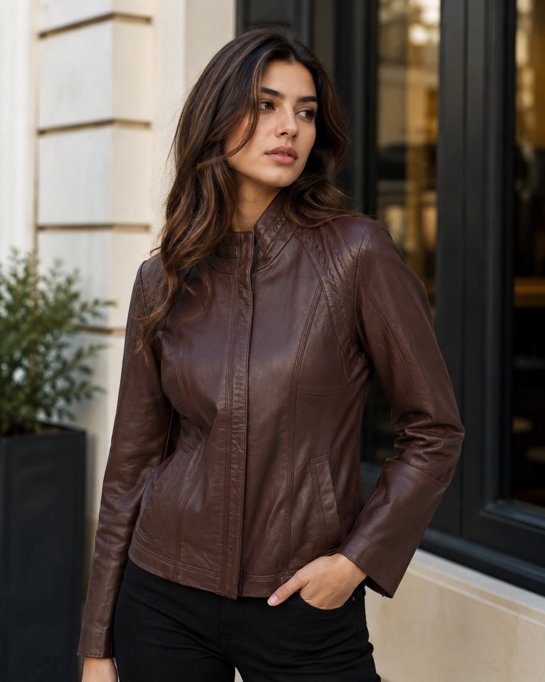 Women's Espresso Brown Classic Leather Moto Jacket