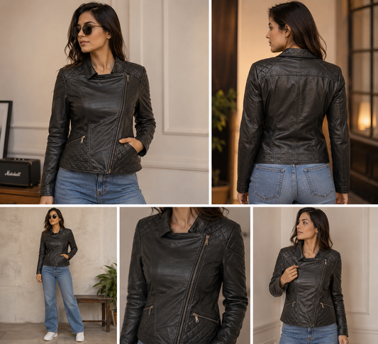 Women's Black Quilted Leather Biker Jacket